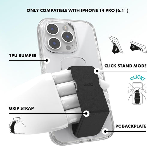 CLCKR iPhone 14 Pro Case with Phone Grip, Ultra-Thin Clear Black, Shockproof Phone Holder