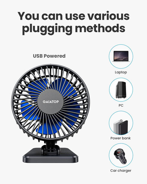 Gaiatop USB Desk Fan, Portable Quiet 3 Speeds Personal Fan for Home, Office, and Outdoor Use (Blue)
