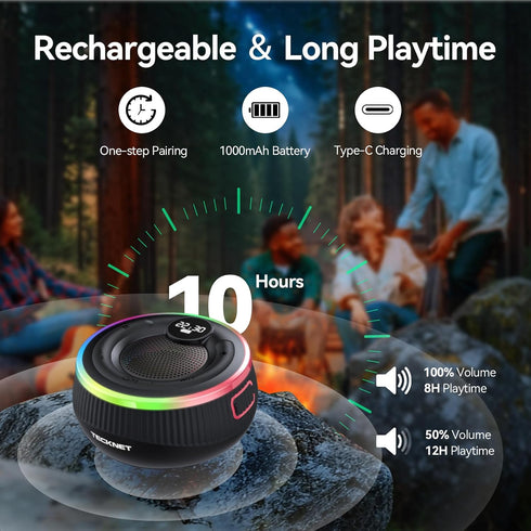 TECKNET IPX7 5.3, 10H Bluetooth Shower Speaker, Waterproof Portable Wireless Speaker with RGB Light, BT Playtime