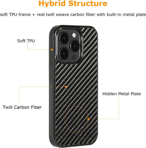 molzar Grip Series Case for iPhone 14 Pro, Real Weave Carbon Fiber, Built-in Metal Plate for Magnetic Mount