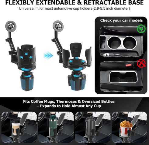 2.68-4.33" 360 N52 Frani Car Cup Holder Expander with Magnetic Phone Mount - Adjustable Insert Fits Holders, Adjustable