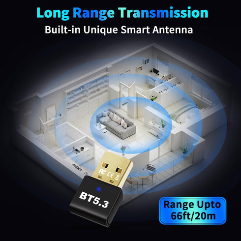 Latest Bluetooth 5.3 Adapter for PC Desktop, 20M Wireless Transmitter Dongle for Windows 11/10/8.1 Computer Laptop