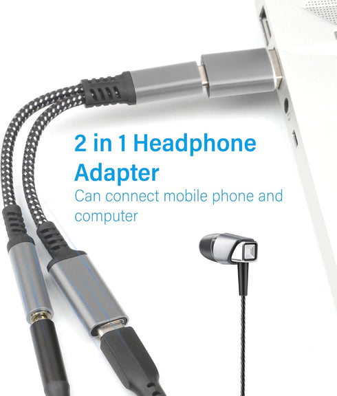 2-in-1 USB C to 3.5mm Headphone & Charger Adapter, Fast Charging Dongle for Google Pixel 4, Galaxy S22/S21/S20 (Silver)