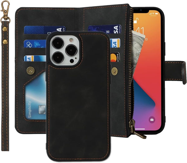 iCoverCase Wallet Phone Case for iPhone 13 Pro, PU Leather Zipper Pocket with Card Holder and Wrist Strap (Black)