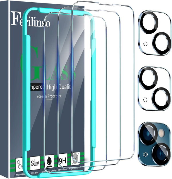 Ferilinso 3 Pack Screen Protector for iPhone 14 / iPhone 13 with 2 Pack Tempered Glass Camera Lens Protector, Phone