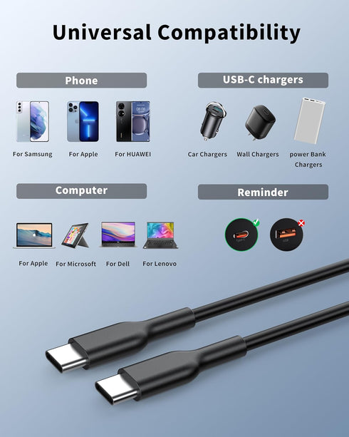 USB C to USB C Cable (2 Pack, 6ft, 60W/3A) Fast Charging for iPhone 15 Pro Max, iPad Mini 6, MacBook Pro, Samsung