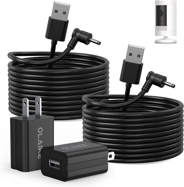OLAIKE 2 Pack 5m/16ft Charge Cable for Ring Stick Up Cam Battery, Weatherproof Power Adapter (No Camera)