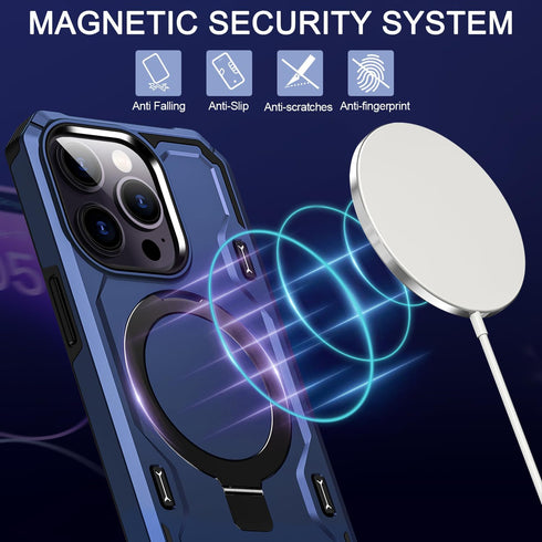 iPhone 13 Pro Max Case - Blue, MIL-Grade Dual Layer, Shockproof, Built-in Stand & Ring Holder, Compatible with MagSafe.