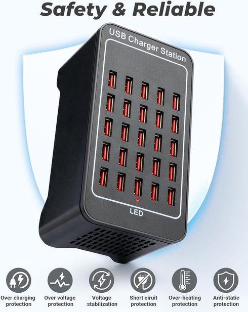 USB Charging Station, 25 Port 125W (25A), Travel Desktop Rapid Charger, Multi Ports Fast Charging Station for Devices