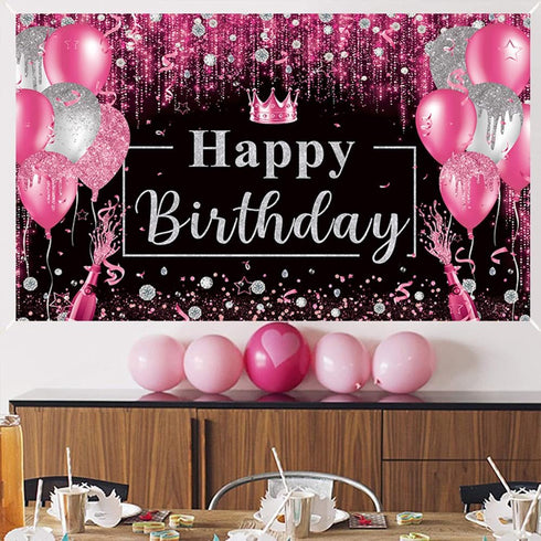 Pink and Black Happy Birthday Backdrop, Glitter Balloon Decorations for Women and Girls Party