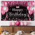 Pink and Black Happy Birthday Backdrop, Glitter Balloon Decorations for Women and Girls Party