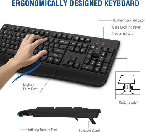 EDJO Wireless Keyboard, 2.4G Ergonomic Full Size Wireless Computer Keyboard with Wrist Rest for Windows, Mac OS