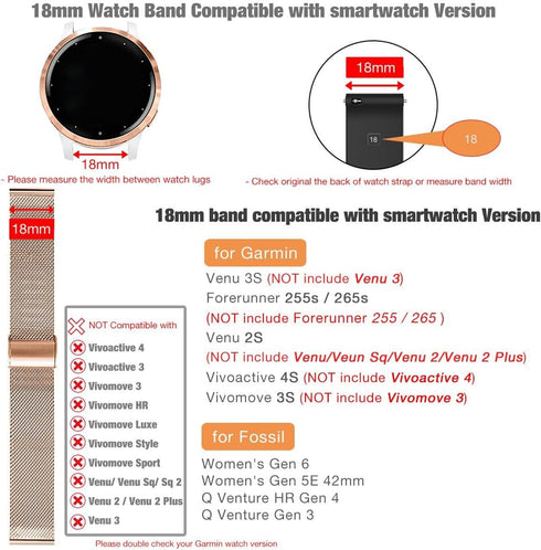 Abanen Watch Bands for Garmin Vivoactive 4S / Vivomove 3S - 18mm Quick Release Stainless Steel Metal Mesh Women
