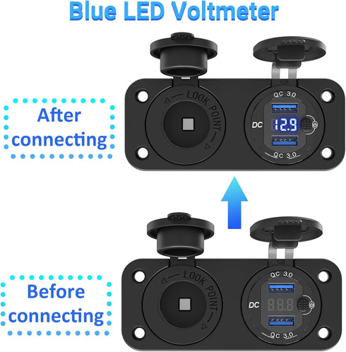 Cigarette Lighter Socket 12V Power Outlet, Qidoe Aluminum 40W Dual QC3.0 USB Charger Socket with LED Voltmeter Switch,