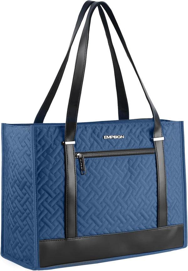 EMPSIGN 16 Inch Laptop Tote Bag for Women, Stylish Quilted Computer Shoulder Briefcase, Waterproof Haze Blue
