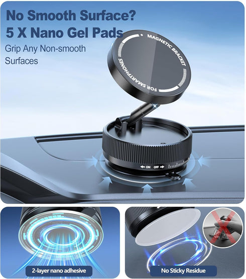 PUUQII 5 360 Suction Cup Phone Mount, Vacuum Magnetic Phone Holder Stand for Car, Nano Gel Pads for Smooth/Rough