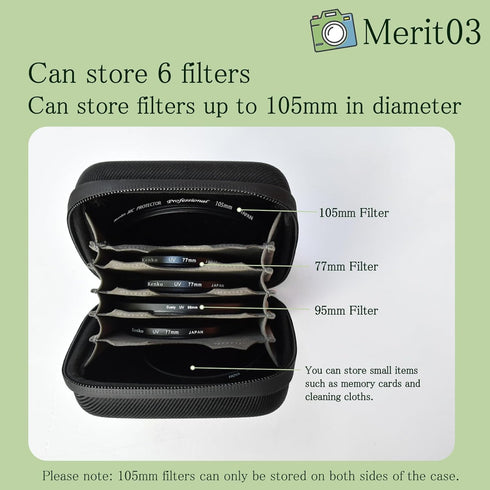 Hard Shell Camera Filter Case for 6 Circular Filters with Max Diameter of 95mm, Microfiber-Lined Pockets