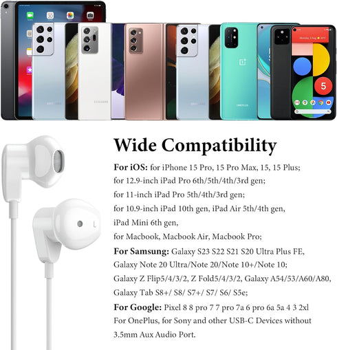 USB C Headphones for iPad Pro & iPhone 15 Pro, HiFi Stereo Earbuds with Mic & Volume Control for Samsung S23, Pixel 7,