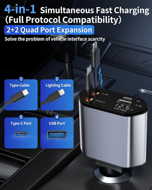 BERTHALESS 4 1 16/15/14/13/12/11/X,Galaxy,Pixel Retractable Car Charger, in Fast Charging Car Charger USB-C & USB-A