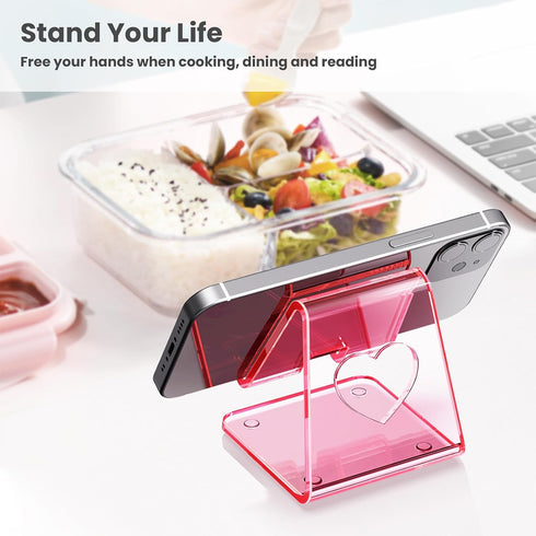 Crpich Acrylic Cell Phone Stand, Portable Clear Pink Phone Holder for Desk, Compatible with iPhone 15/14/13/12/11 Pro
