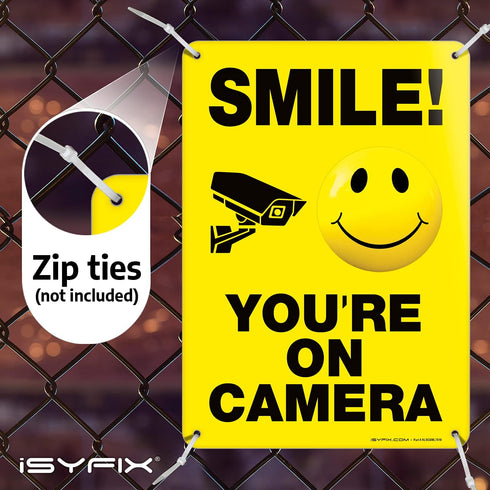 iSYFIX Smile You're on Camera Signs for Business – 1 Pack 7x10 Inch – Rust Free Aluminum Sign, UV & Weather Resistant
