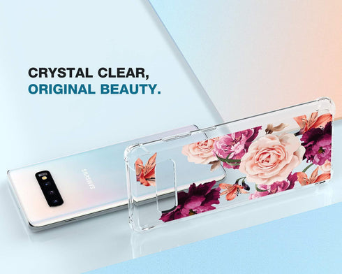 KIOMY Clear Case for Samsung Galaxy S10+ / S10 Plus, Shockproof Bumper Protective Phone Cover with Red Flower Design