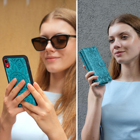 Harryshell Detachable Magnetic Zipper Wallet Case for iPhone XR 6.1 Inch, Floral Leather with Card Slots (Blue Green)