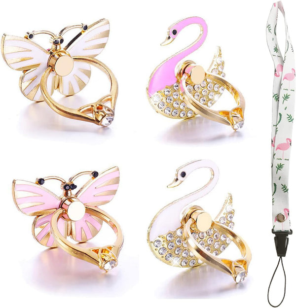4 Pack Phone Ring Stand, Diamond Bling Butterfly Kickstand Grip, 360 Rotation, 2 Butterfly, 2 Swan