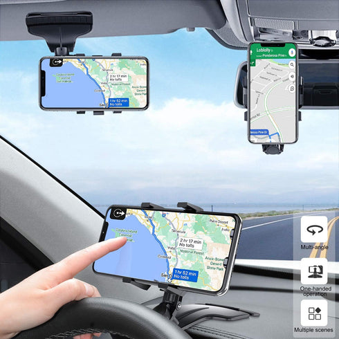 Car Phone Holder, Multifunction Car Dashboard Holder Rearview Mirror with 360 ° Adjustable Spring Clip, Suitable for 3 to 7 Inch Smartphones (Center Console)