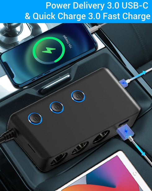 Qidoe 3 Socket Car Charger Splitter 200W, Cigarette Lighter Adapter with PD30W USB-C & QC3.0 Multi USB Car Charger