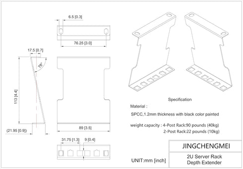 JINGCHENGMEI 2U 4-Inch (2UEXB) Server Rack Depth Extender - Deep -Recessed Rack Mount Adapter Kit for Network Rack