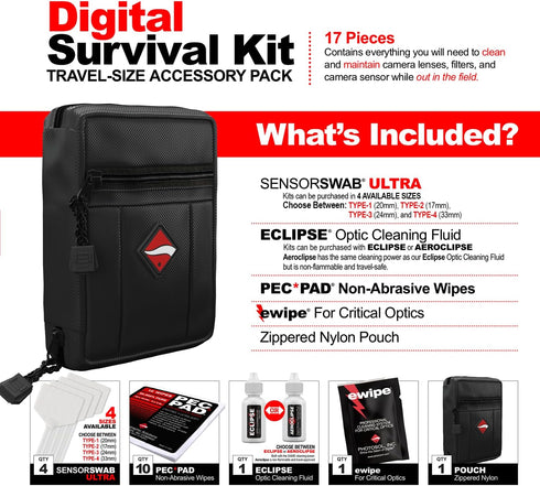 Photographic Solutions Digital Survival Kit, Camera Cleaning Kit with Sensor Swabs, Wipes, and Travel Bag
