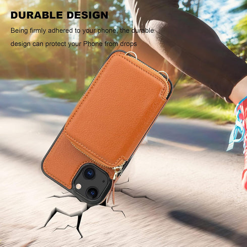 Bocasal RFID Blocking Wallet Case for iPhone 14 & 13, Adjustable Crossbody Zipper Purse with Kickstand, 6.1 Inch (Brown)