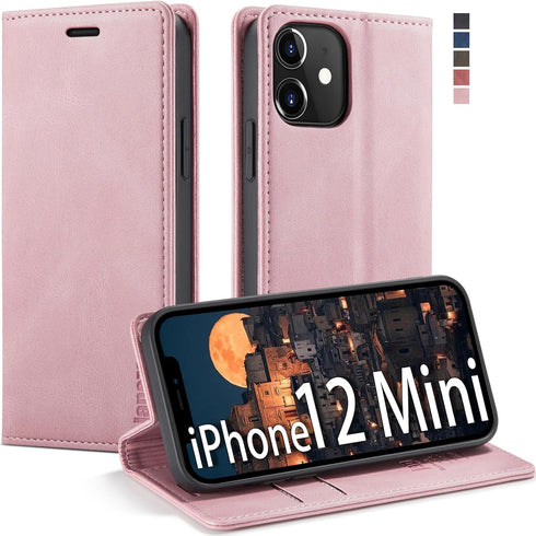 japezop iPhone 12 Mini Flip Case, Pink Leather, RFID Blocking, Card Holder, Slim Fit, Wireless Charging Compatible