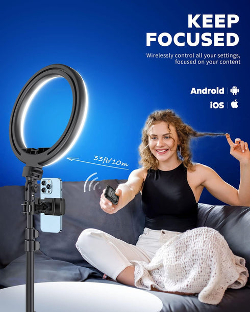 Kaiess 10.2" 65" Dimmable Selfie Ring Light with Adjustable Tripod Stand & Phone Holder for Live Stream/Makeup