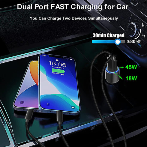 63W Super Fast Car Charger and Cable for Galaxy S23 S22 S24 Plus Ultra/S21 S20 FE, 2-Port (USB C 45W + USB A 18W)