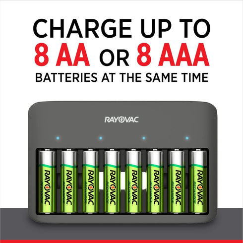 Rayovac 8 USB Battery Charger, Bay Charger for NiMH AA and AAA Rechargeable Batteries, Fast Charger for Batteries
