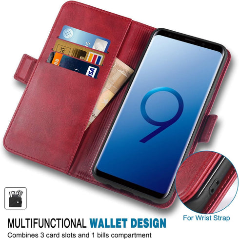 Phone Case for Samsung Galaxy S9 Plus, Leather Wallet with Tempered Glass Screen Protector, Card Holder, Red
