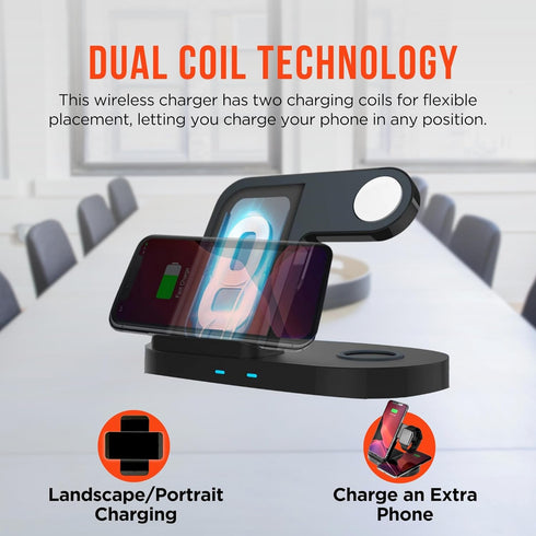 HyperGear 3 in 1 Wireless Charging Station - 10W Fast Wireless Charger Stand, Pad & Watch Mount for iPhone, Android,