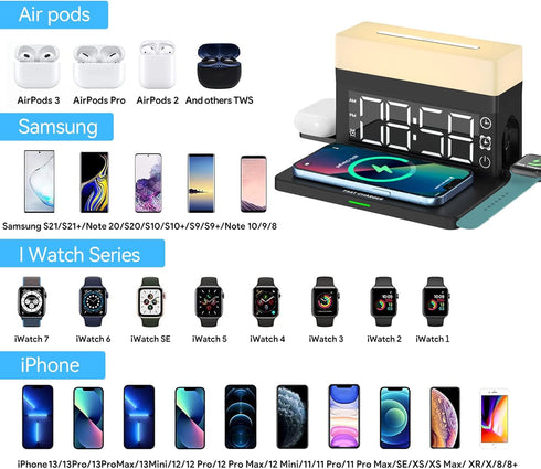YTFGGY Wireless Charger, 3 in 1 Wireless Charging Station with Alarm Clock, Night Light, 18W Fast Charger for iPhone