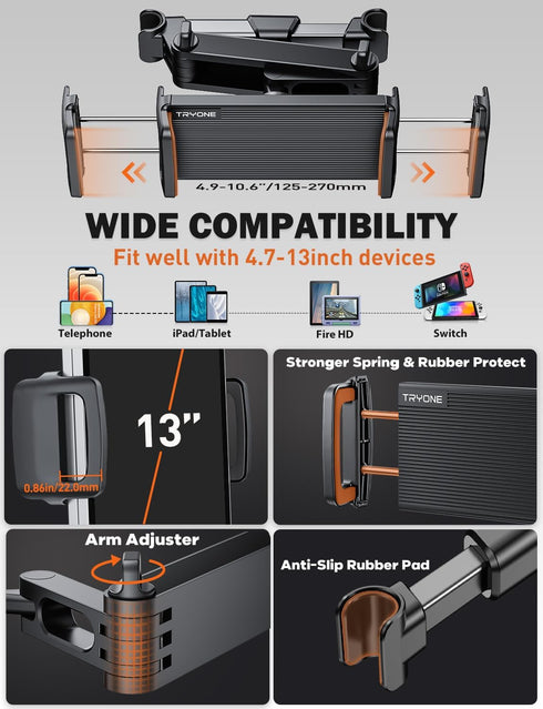 Tryone Stretchable Car Headrest Tablet Holder Mount for Kids, Compatible with iPad Pro 12.9, iPhone, Galaxy Tab