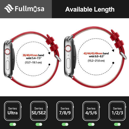 Fullmosa Leather Bands Compatible with Apple Watch Band 38mm-49mm, Women Men, Red/Silver