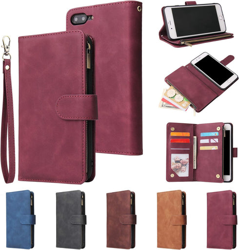 UEEBAI Wallet Case for iPhone 7 Plus, Premium Vintage PU Leather with Magnetic Closure, Zipper Pocket, Blue
