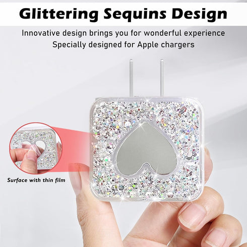 Glitter DIY Cable Protector for Apple iPhone Power Adapter, Cute Bling Love Heart Design, USB Case for Charger