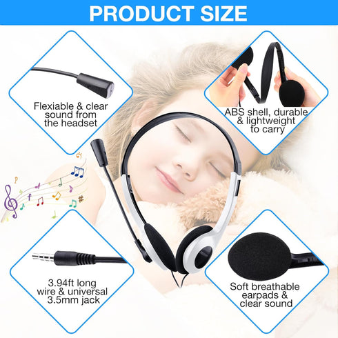 Yunsailing 30 Pack Kids Headphones with Microphone, Lightweight Adjustable Earphones, 3.5 mm Jack (White)