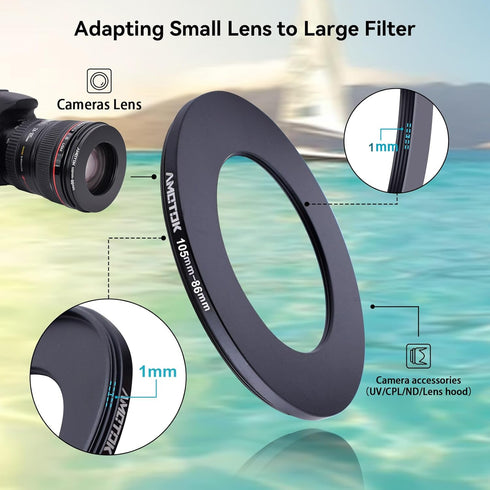105mm to 86mm Camera Lens Adapter, 105mm-86mm Filter Step-Down Ring, CNC Machined for 86mm Filters