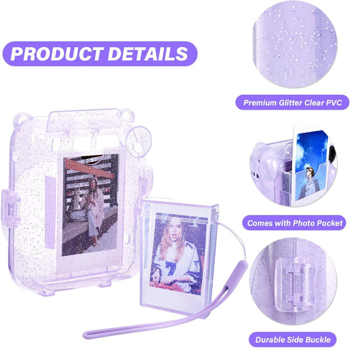 Glitter Clear Case for Fujifilm/Polaroid Instax Mini 12 Instant Camera, Upgraded Glitter Case with Accessories - Purple