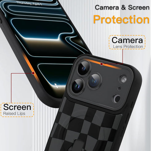 SOKAD 17 Magnetic Checkered Case for iPhone Pro Max with Finger Strap Kickstand, Compatible with Magsafe, Cute