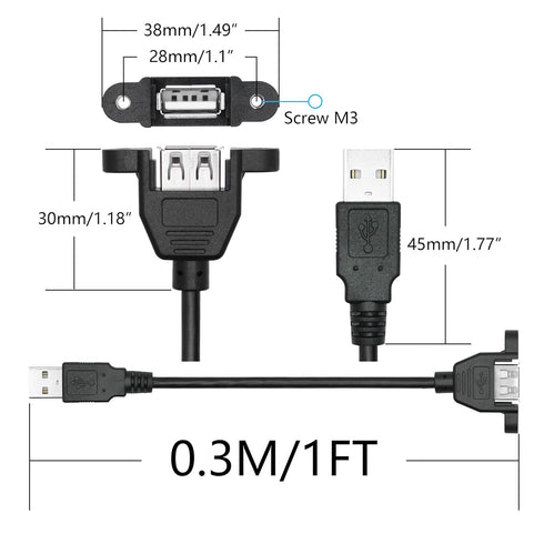 2Pcs 2.0 1FT, USB Panel Mount Extension Cable USB Type A Male to Female with Ears Can Fixed Charging and Data