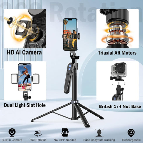 360 Auto Face Tracking Tripod Rotation with Stand,Android and iPhone Tripod Holder with Remote and Gesture Control, No